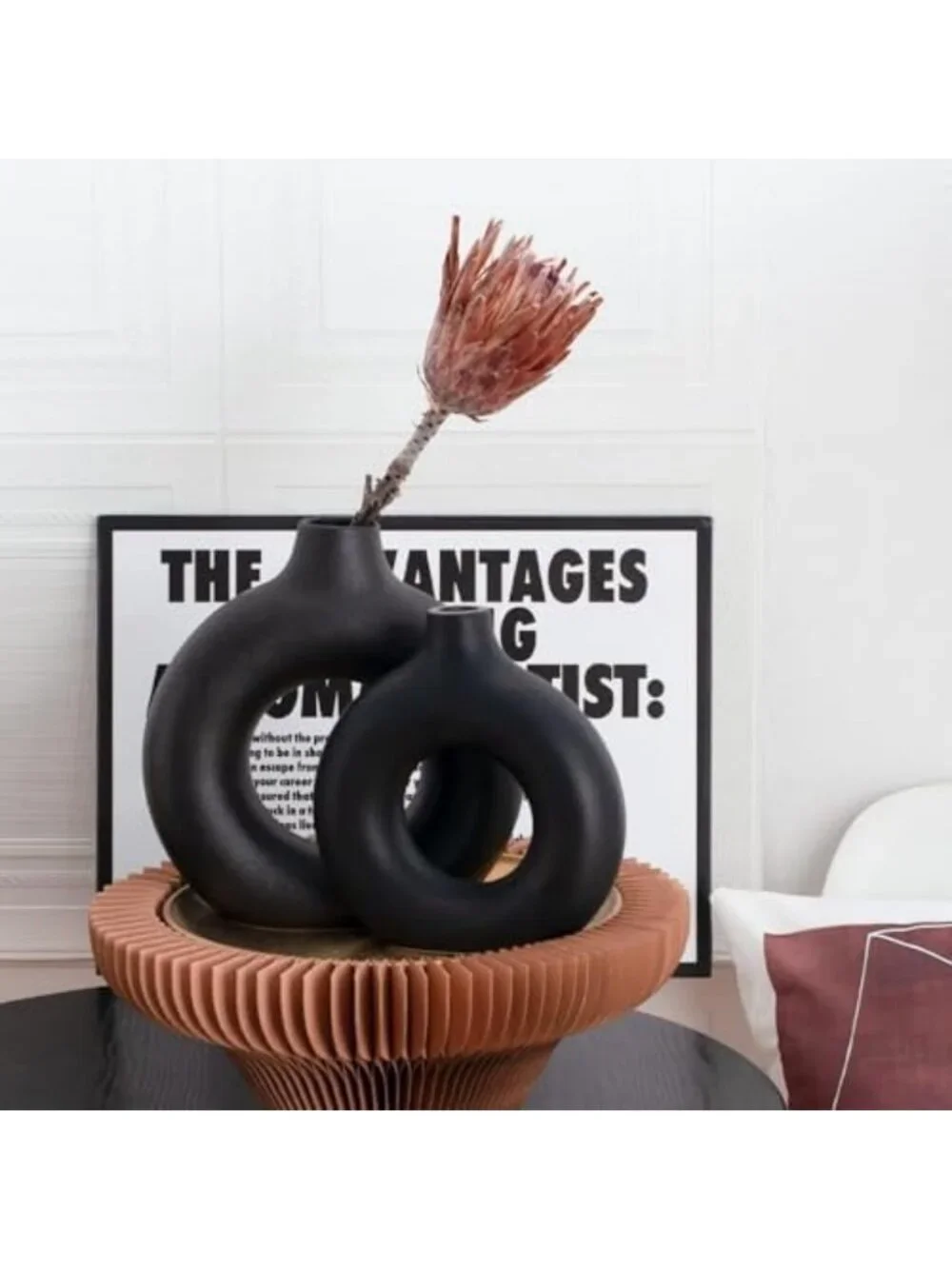 Set of 2 Black Ceramic Donut Vases - Matte Hollow Round Pampas Flower Decor